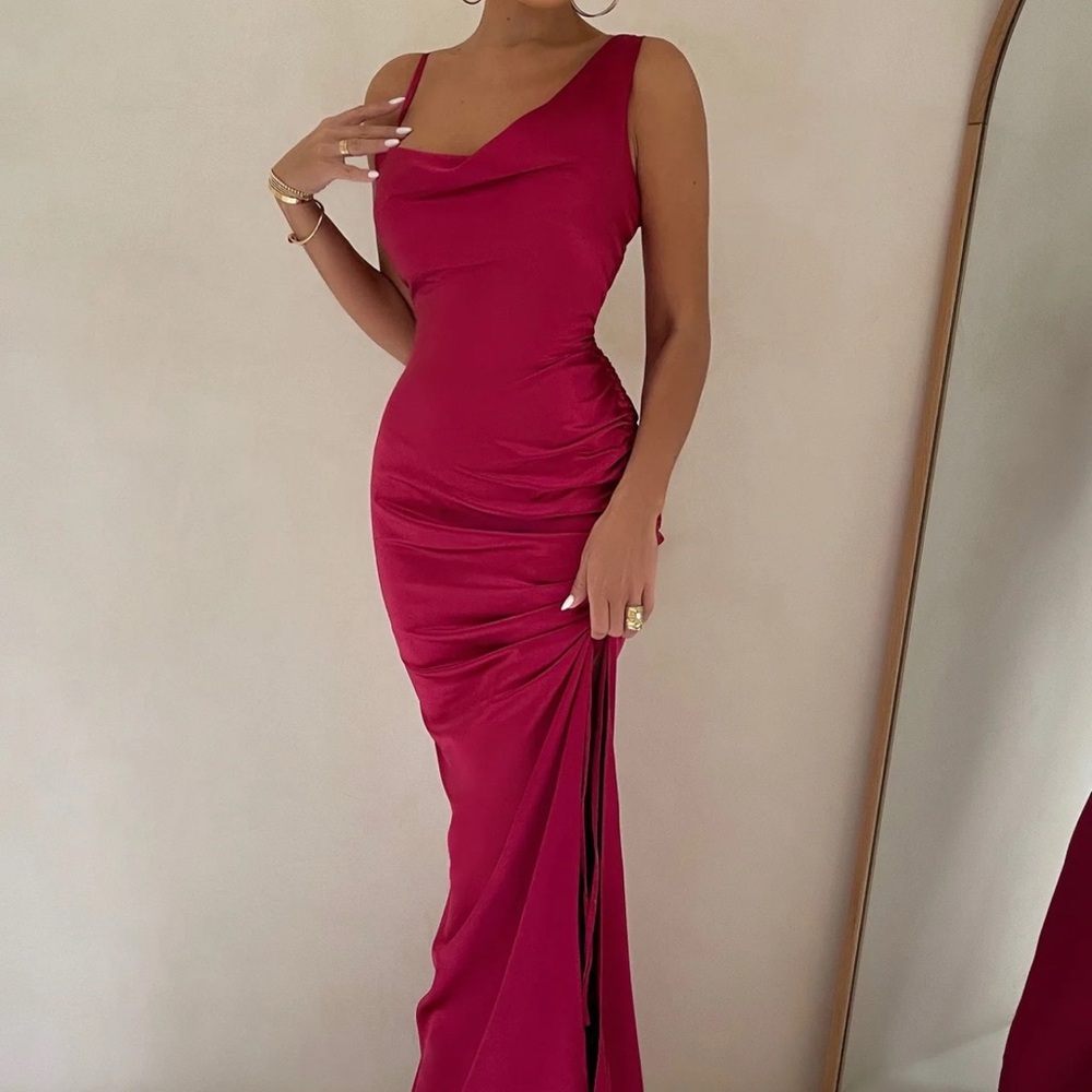 Club L London Pink Asymmetrical Ruched Gown